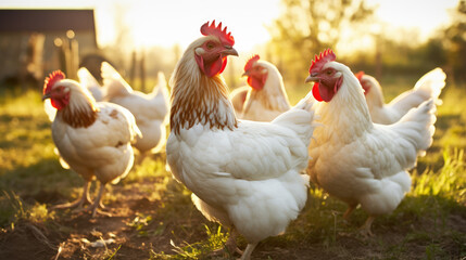 Fototapeta premium a group of chickens near a farm in the sun 