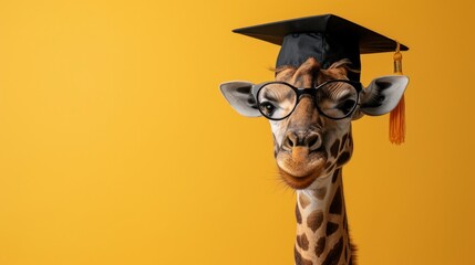 Giraffe Graduate Concept on Yellow Background - obrazy, fototapety, plakaty
