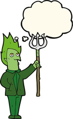 cartoon devil with pitchfork with thought bubble