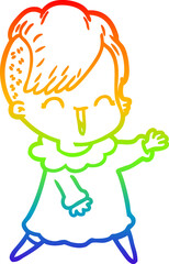 rainbow gradient line drawing happy cartoon hipster girl