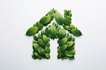 Leaves in forming a house shape, background isolated on solid white. ai generative