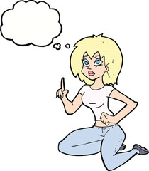 cartoon sitting woman with idea with thought bubble