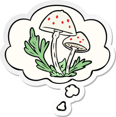 cartoon mushrooms and thought bubble as a printed sticker