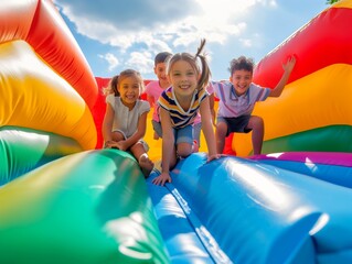 Kids at an outdoor bounce house.
