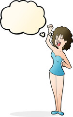 cartoon dancing woman with thought bubble