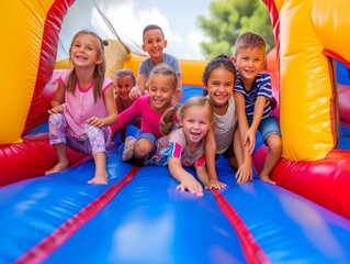 Kids at an outdoor bounce house.