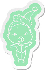 cartoon  sticker of a angry old woman wearing santa hat