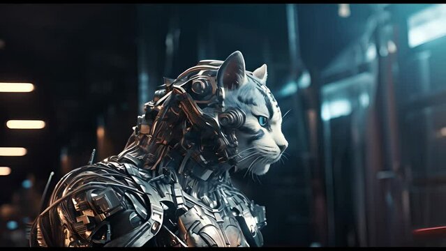 Anthropomorphic fantasy cat in cyborg armor. Fantastic android kitten in cyberpunk style. Technology and future concept.