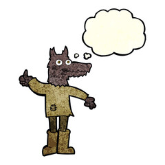 cartoon wolf man with thought bubble