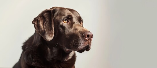 Labrador retriever sitting in front of a white studio backdrop.