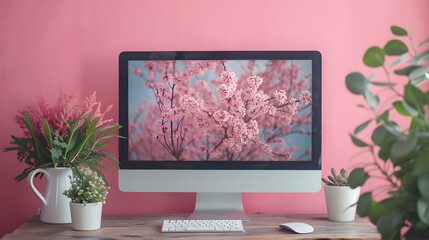 a desk with a monitor and flowers 