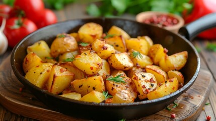 Golden Fried Potatoes in a Pan