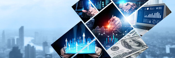 Futuristic business digital financial data technology concept for future big data analytic and business intelligence research for businessman analyst invest decisions making panoramic banner kudos - obrazy, fototapety, plakaty