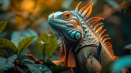 Fototapeta premium Vivid Iguana Lounging in Lush Foliage