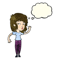 cartoon pretty woman waving with thought bubble