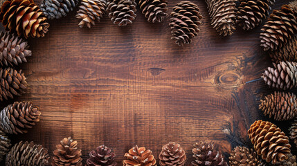 A rustic assortment of pine cones on a textured wooden background.