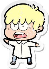 distressed sticker of a worried cartoon boy