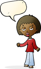 cartoon tired woman with speech bubble
