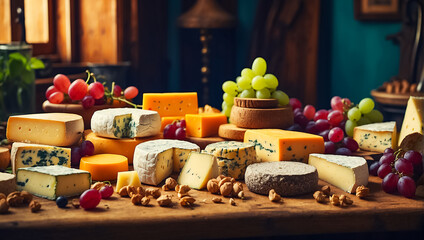 Various gourmet cheeses, fresh grapes on the table in the kitchen delicacy
