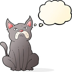 cartoon grumpy little dog with thought bubble