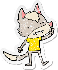distressed sticker of a cartoon wolf showing teeth