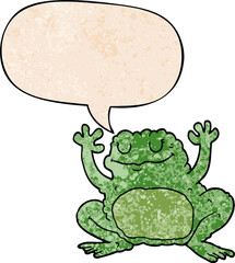 cartoon frog and speech bubble in retro texture style