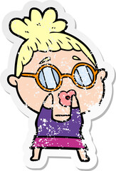 distressed sticker of a cartoon woman wearing spectacles