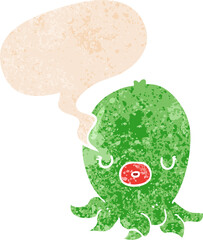 cartoon octopus and speech bubble in retro textured style