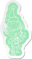 cartoon distressed sticker of a woman talking wearing santa hat