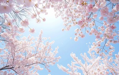 Cherry blossoms in full bloom with blue sky and white clouds,spring concept