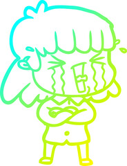 cold gradient line drawing cartoon woman in tears