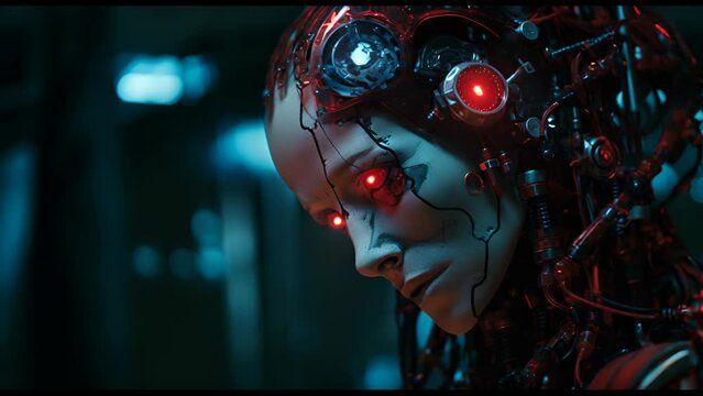 Beautiful cyborg girl on a technological background. Futuristic robot woman. Technology, robotics, artificial intelligence and future concept.
