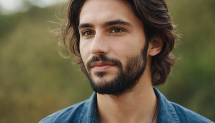 Young Brunette Man with Warm Smile and Light Beard - Headshot Portrait