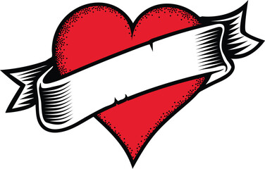 Obraz premium Classic Retro Valentines Day Heart Tattoo and banner Scroll Heart. Mom Tattoo, Wife or Girlfriend tattoo Hearts.