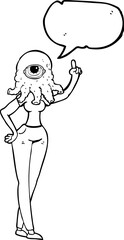 speech bubble cartoon female alien with raised hand