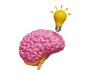 Creativity, new idea, innovation or brainstorming concept. Wisdom or imagination to success, intelligence or solution concept. 3D brain with light bulb. 3d illustration