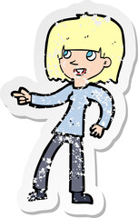 retro distressed sticker of a cartoon girl pointing