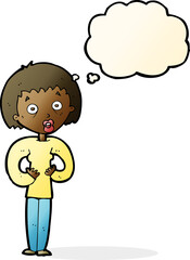 cartoon woman gesturing at self with thought bubble