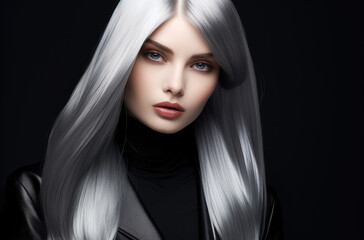 Fototapeta premium A portrait of a woman with striking silver hair and bold makeup against a dark background. 