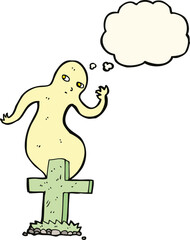 cartoon ghost rising from grave with thought bubble