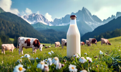 Glass bottle with milk on the grass and cow grazing in meadow on green meadow, flowers and mountains. Fresh organic milk. A herd of cows in field.