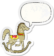 cartoon rocking horse and speech bubble distressed sticker