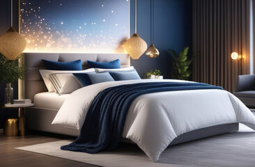 World Sleep Day, modern bedroom interior, cozy atmosphere, luxury hotel, double bed, white linens, blue shades, dark gray walls, glow and bokeh
