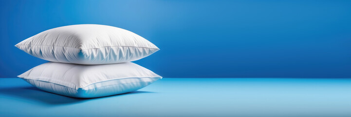 Fototapeta na wymiar horizontal web banner for a textile store, World Sleep Day, bed linen, stack of two white pillows, blue background, place for text
