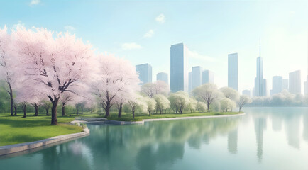 Obraz premium Spring landscape with blooming trees and high-rise buildings near a lake in a city park