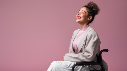 Beautiful disabled woman in a wheelchair smiling on a pink plain background