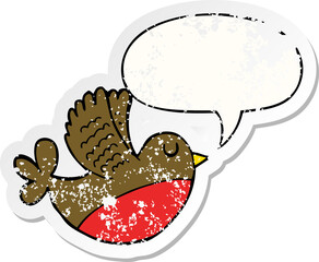 cartoon flying bird and speech bubble distressed sticker