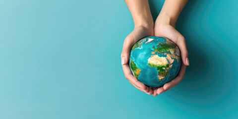 Two hands cradle a miniature Earth against a vivid blue background, symbolizing care and responsibility for our planet.	
