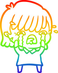 rainbow gradient line drawing cartoon girl crying