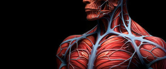 Human anatomy. Muscle and veins anatomy of the neck and chest. Medical image reference of human anatomy
